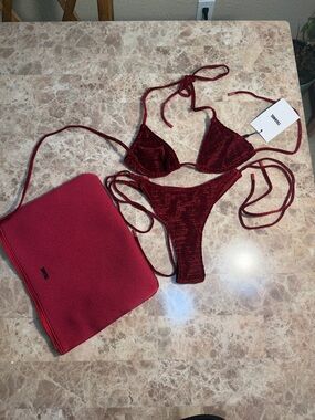 ravel Burgundy Red String Bikini Set with Matching Pouch